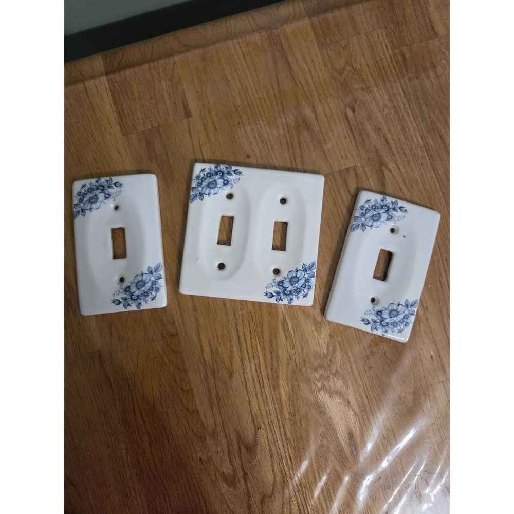 3 White Blue Floral Porcelain Double and Single Light Switch Cover Plates